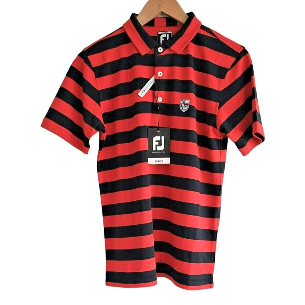 FootJoy Junior Golf Polo Shirt Red Navy Blue Striped HHCC Crest Size L